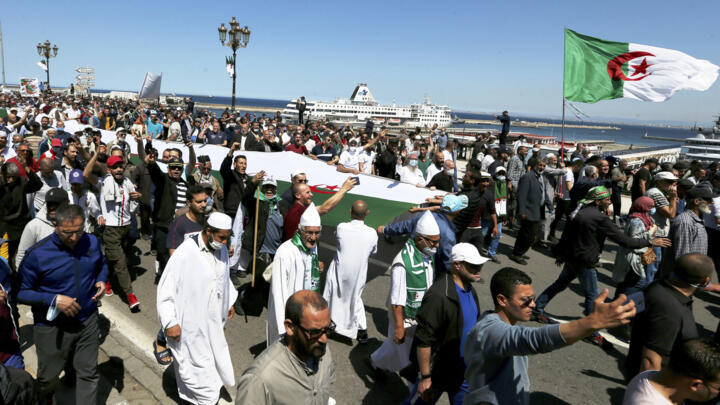 Algerians demonstrate in the streets of Algiers in support for the Hirak pro-democracy movement on May 7, 2021.