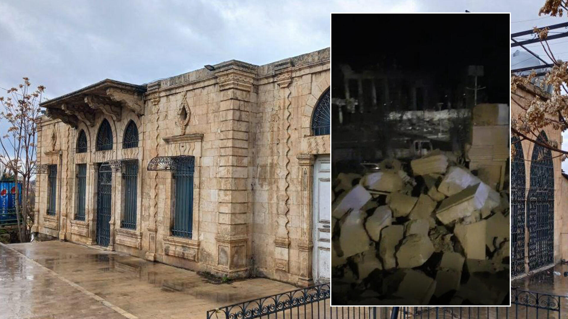 Le bâtiment "Manshié" datant de l'époque ottomane situé aux abords immédiats de la citadelle de Baalbek, avant et après la frappe israélienne qui l'a détruit le 6 novembre 2024.