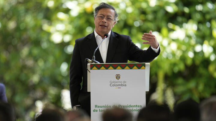 Colombia's President Gustavo Petro speaks during a meeting of leaders of the Amazon Cooperation Treaty Organization in Bogota, Colombia, Aug. 22, 2025.
