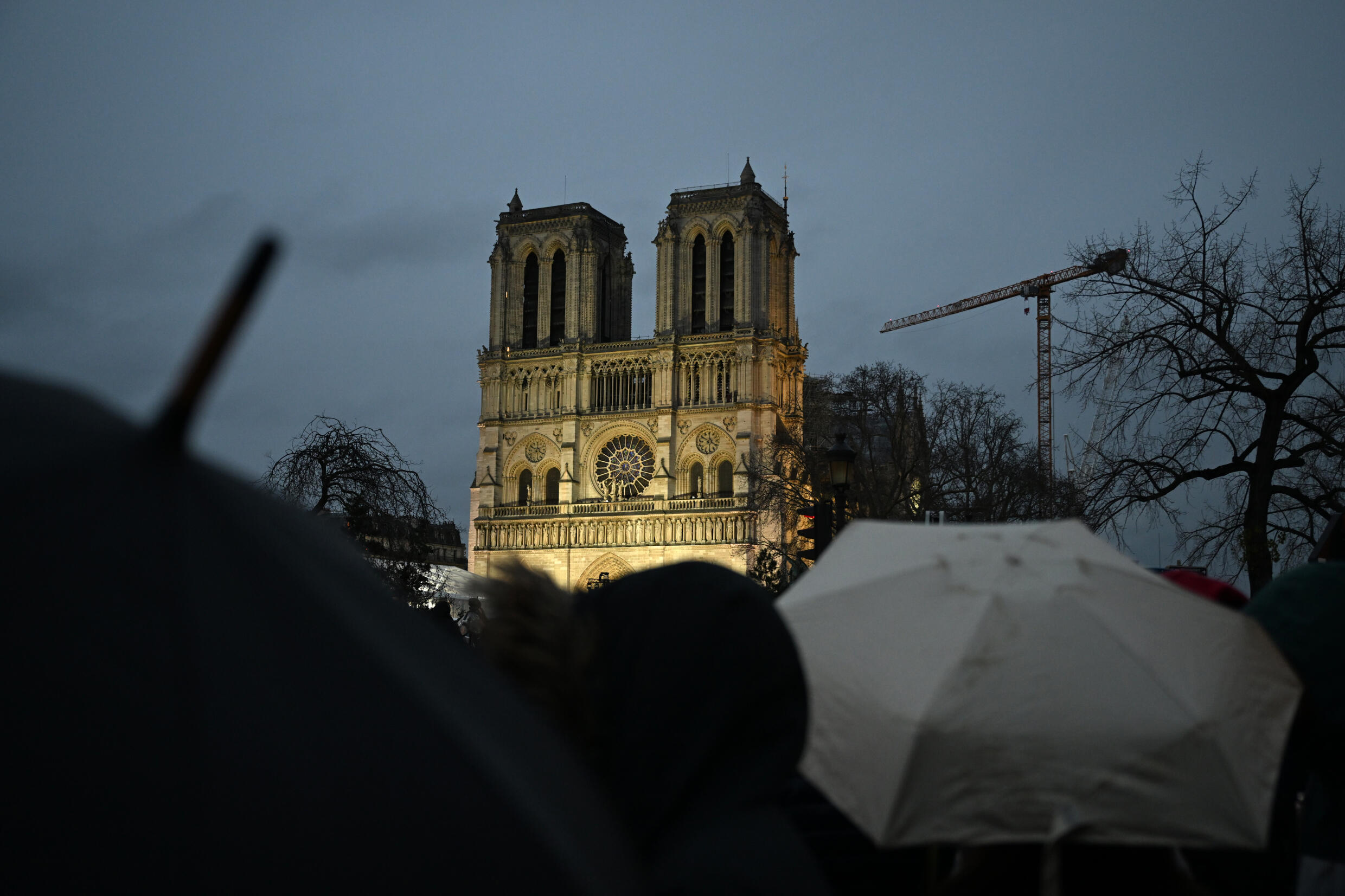 Des passants réunis sous la pluie en dehors du périmètre de sécurité devant la cathédrale Notre-Dame de Paris, le 7 décembre 2024