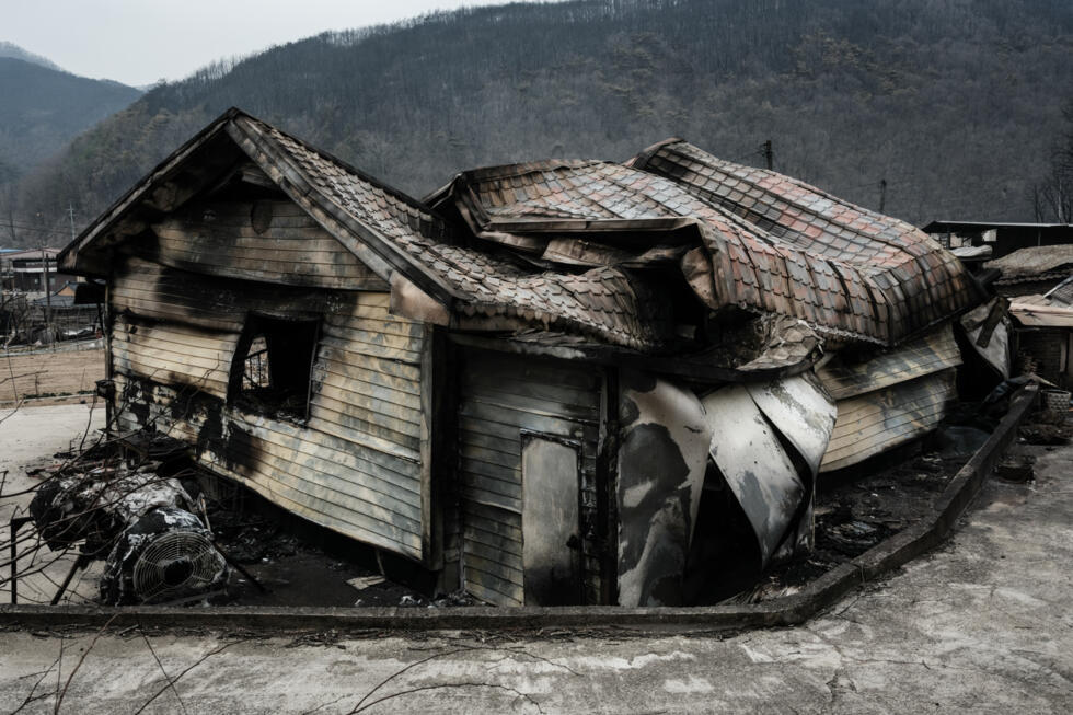 Une maison détruite par un incendie de forêt à Andong, le 27 mars 2025 en Corée du Sud.