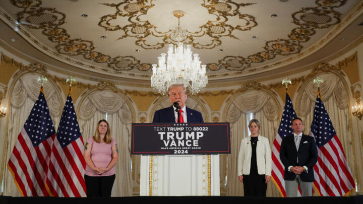 Republican presidential nominee and former U.S. President Donald Trump delivers "Trump Will Fix It" remarks during a press conference at Mar-a-Lago, in Palm Beach, Florida, US, October 29, 2024.