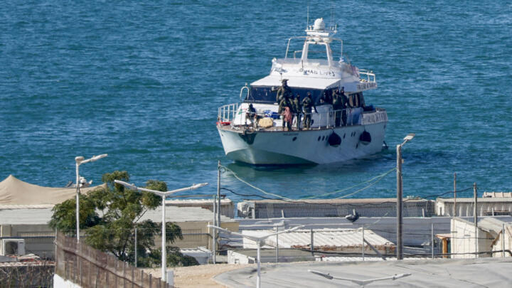A boat from the Global Sumud Flotilla intercepted by Israeli forces in the Mediterranean sea off the Gaza Strip waters, is escorted into the southern port of Ashdod on October 2, 2025.