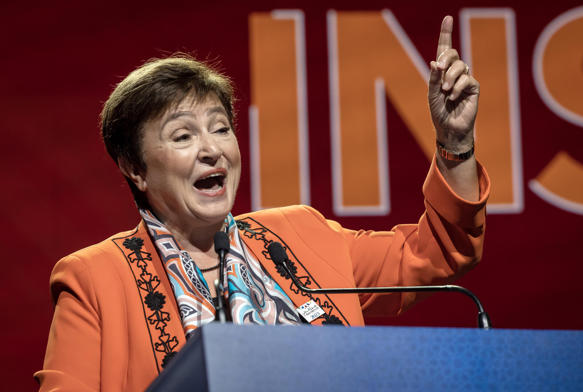 La directrice générale du FMI, Kristalina Georgieva, s'adressant aux participants des réunions annuelles à Marrakech, le 9 octobre 2023