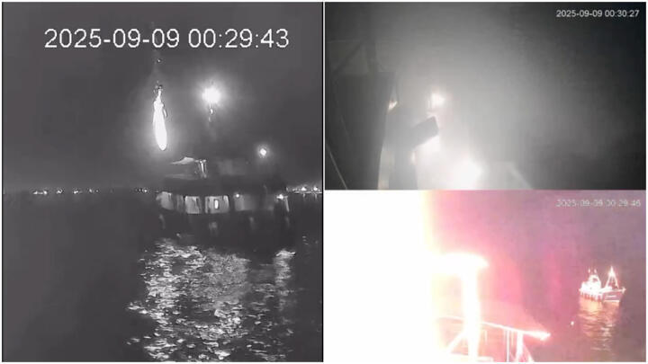 Left: A surveillance video posted by the Global Sumud Flotilla early September 9, 2025 shows the moment an incendiary munition hit the flotilla’s “Family boat”. Right: The group also published surveillance videos filmed on board the vessel that was struck.