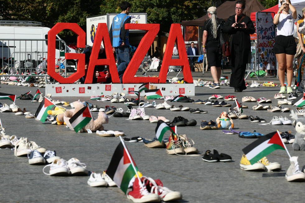 This photograph shows shoes laid out on Place Kleber symbolising Palestinians killed during Israel's offensive on the Gaza strip, in Strasbourg, eastern France, on September 20, 2025, as part of a sym