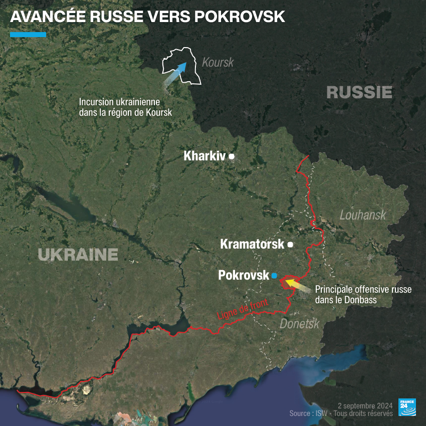 Carte de l'Ukraine montrant à la fois l'emplacement de la ville stratégique de Pokrovsk et de l'incursion ukrainienne dans la région de Koursk.