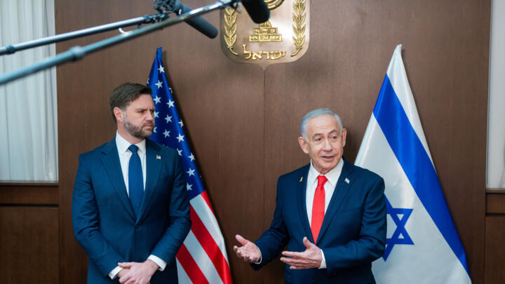 US Vice-President J.D. Vance and Israeli Prime Minister Benjamin Netanyahu, right, meet at the Prime Minister's Office in Jerusalem on October 22, 2025.
