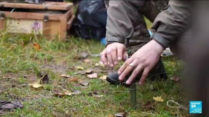 Ukrainian recruits receive explosives clearance training in a nothern Ukrainian forest.
