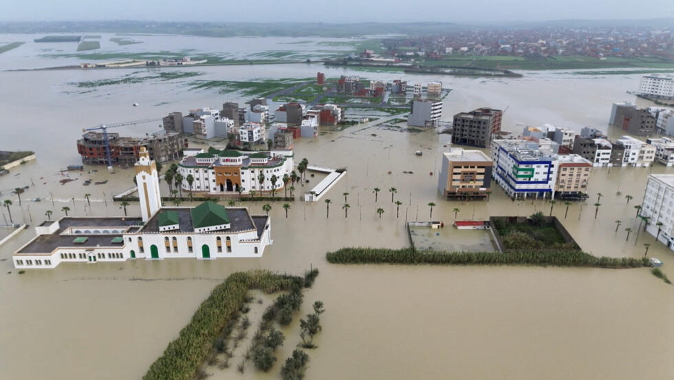A drone view of a flooded area, after heavy rainfall raised water levels in the region, in Ksar El Kebir, Morocco, in this screengrab from a handout video obtained on February 6, 2026. The Royal Moroc