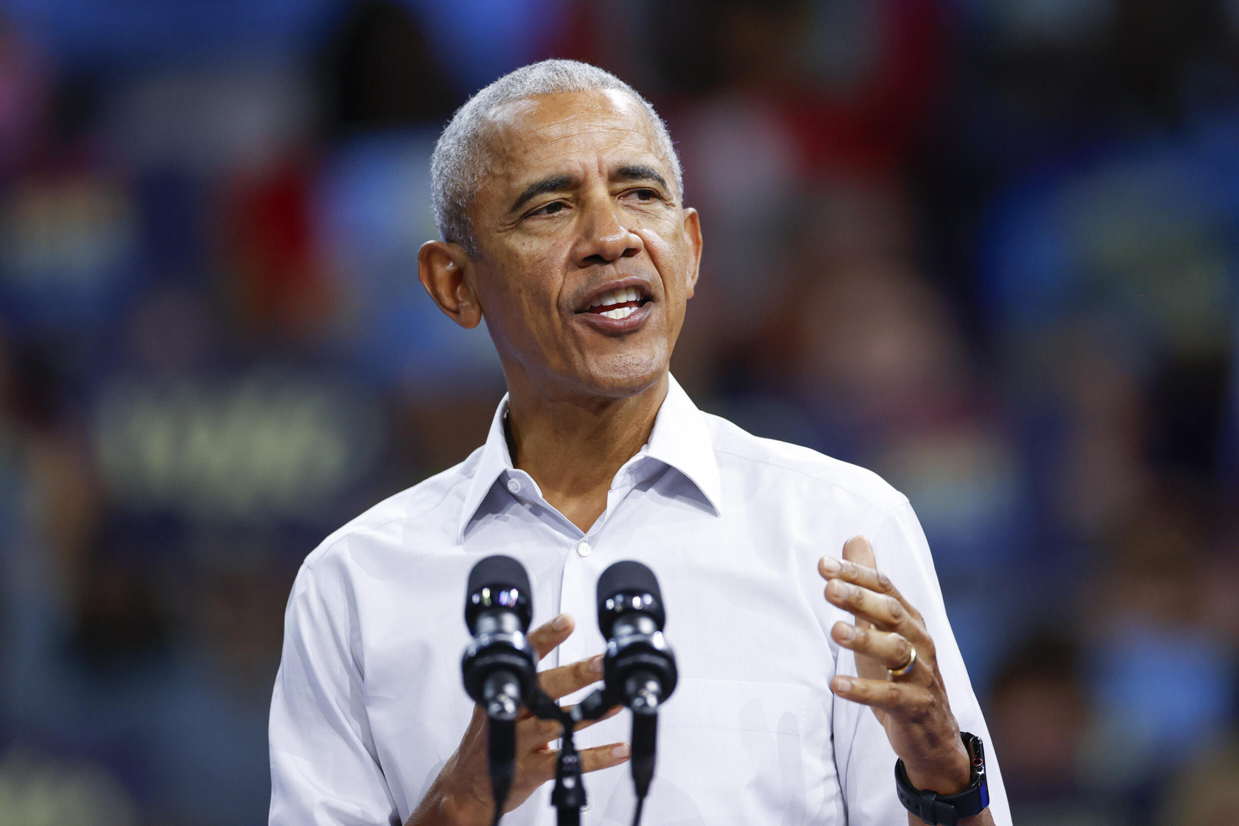 L'ancien président américain Barack Obama lors d'un meeting à Madison dans le Wisconsin, le 22 octobre 2024.