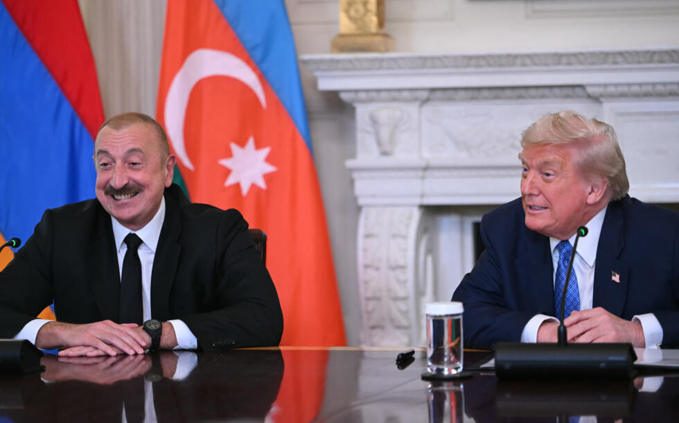 Trump and Azerbaijani President Ilham Aliyev as they sign a peace deal with Armenia.