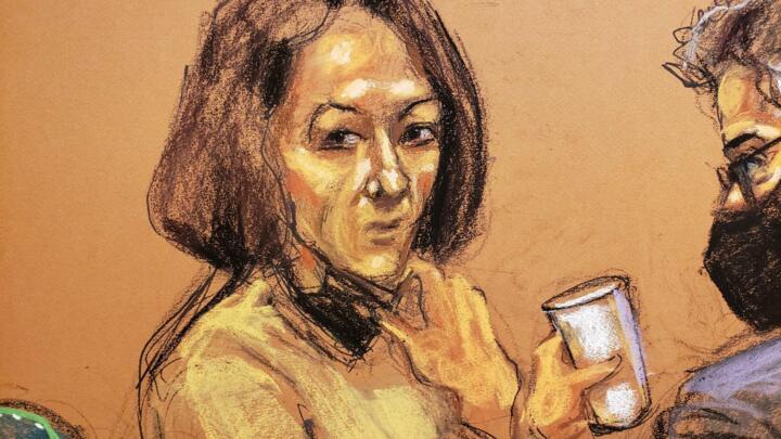 Jeffrey Epstein associate Ghislaine Maxwell pulls down her mask to sip from a cup as deliberations extended into a second week in a courtroom sketch in New York City, U.S., December 27, 2021.