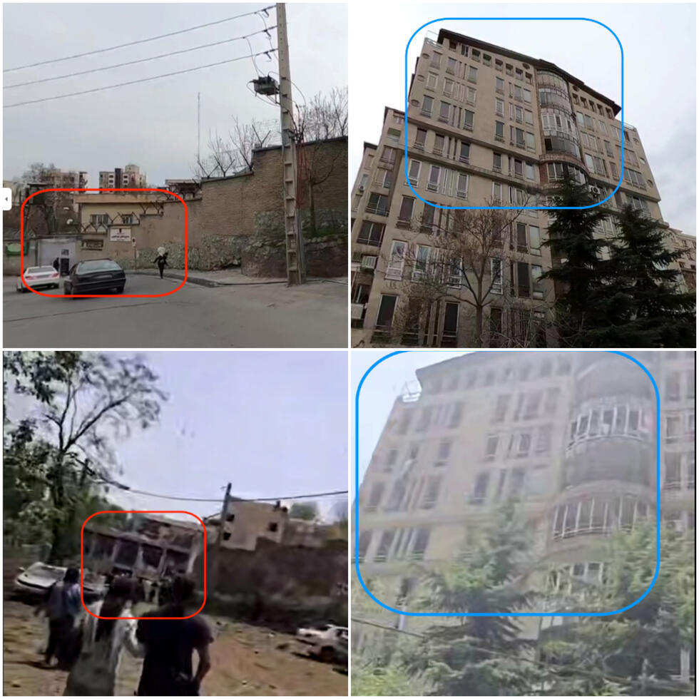 Dégâts sur le palais de justice "Kachouyi” (en rouge) et un bâtiment voisin (en bleu).  En haut, les mêmes bâtiments avant l'attaque, sur Google Maps.