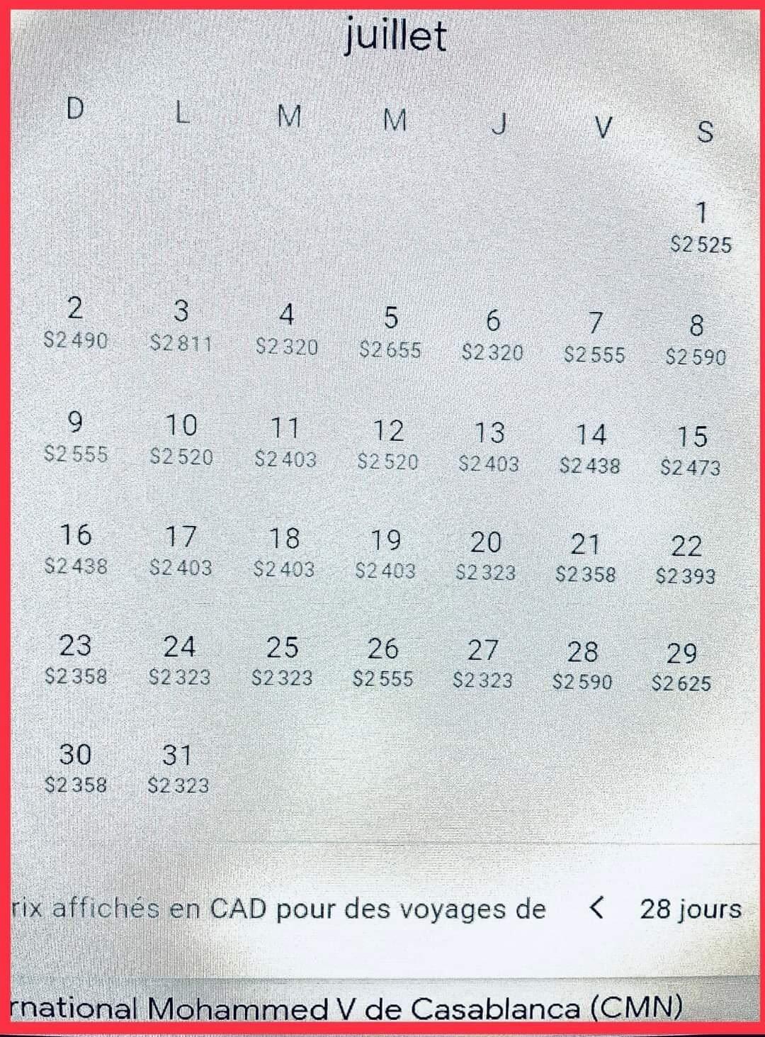 نموذج حصلت عليه فرانس24 لأسعار تذاكر الطيران من كندا إلى المغرب.