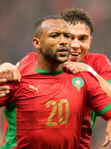 Morocco's Ayoub El Kaabi celebrates after scoring during the Africa Cup of Nations group A soccer match between Morocco and Comoros in Rabat, Morocco, Sunday, December 21, 2025