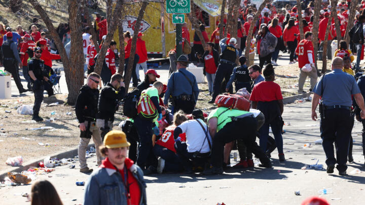 Law enforcement and medical personnel respond to a shooting at Union Station during the Kansas City Chiefs Super Bowl LVIII victory parade on February 14, 2024 in Kansas City, Missouri. 