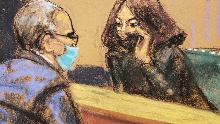 A courtroom sketch of Ghislaine Maxwell conferring with her brother, Kevin, during her trial in New York City on December 6, 2021.