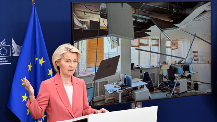 European Commission President Ursula Von der Leyen delivers a statement in Brussels on August 28, 2025, after a Russian missile and drone attack on the Ukrainian capital hit the European Union mission's building in Kyiv.