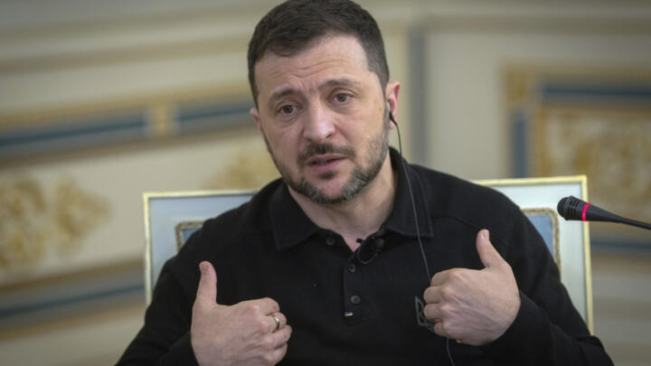 Ukrainian President Volodymyr Zelensky gives an interview in Kyiv, Ukraine, on February 1, 2025.