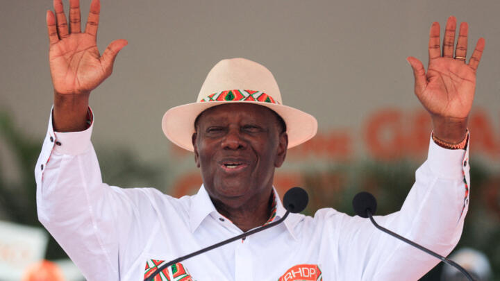 Ivory Coast's President Alassane Ouattara, 83 at a campaign rally  in Abidjan, Ivory Coast, October 19, 2025.