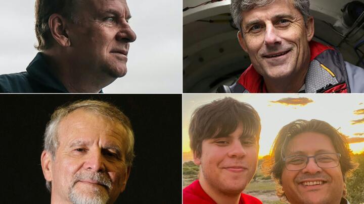 Clockwise from top left: British billionaire and explorer Hamish Harding, 58; OceanGate founder and explorer Stockton Rush, 61; Pakistani-born business magnate Shahzada Dawood, 48, and his 19-year-old son, Suleman; and French oceanographer Paul-Henri Nargeolet, 77.