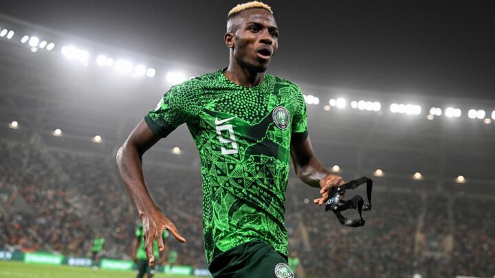 Nigeria's forward #9 Victor Osimhen celebrates during the Africa Cup of Nations (CAN) 2024 semi-final football match between Nigeria and South Africa at the Stade de la Paix in Bouake on February 7, 2024.
