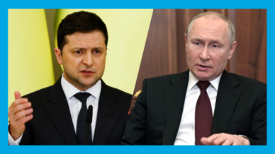 Imagen de archivo. El presidente ucraniano Volodímir Zelenski (I) y su homólogo ruso, Vladimir Putin (D), invitados a la cumbre del G-20, que se celebrará en noviembre en Bali (Indonesia)