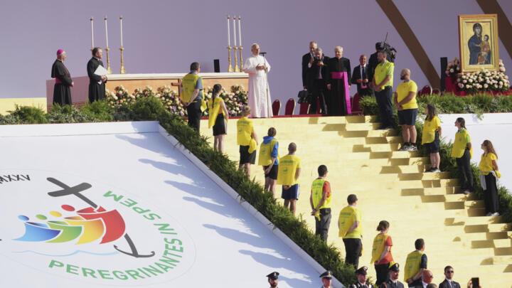 Pope Leo XIV arrives for a mass for the one million participants in the Youths Jubilee at Tor Vergata field in Rome on August 3, 2025.