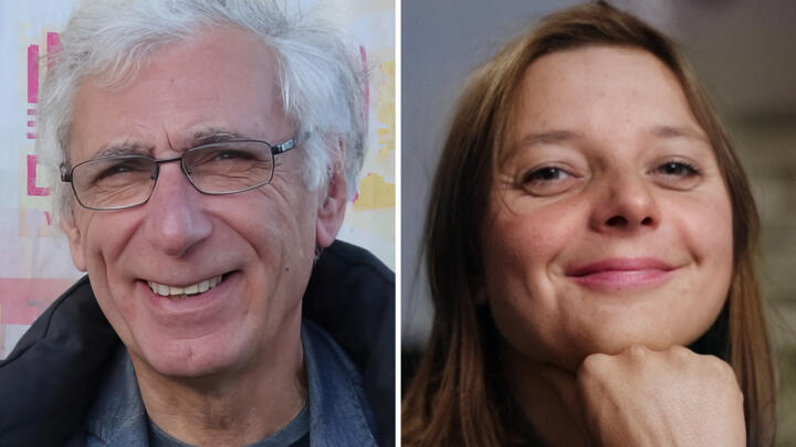 A photo montage of former mathematics teacher Jacques Paris and his partner French teacher and trade unionist Cecile Kohler, both detained in Iran.