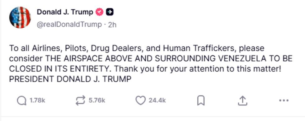 Screenshot of Donald Trump's Truth social account on November 29.