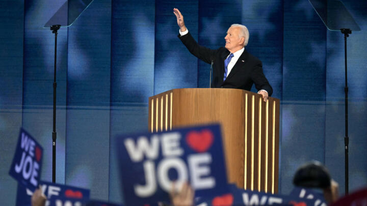 US President Joe Biden waves as he speaks on the first day of the Democratic National Convention at the United Center in Chicago, Illinois on August 19, 2024.