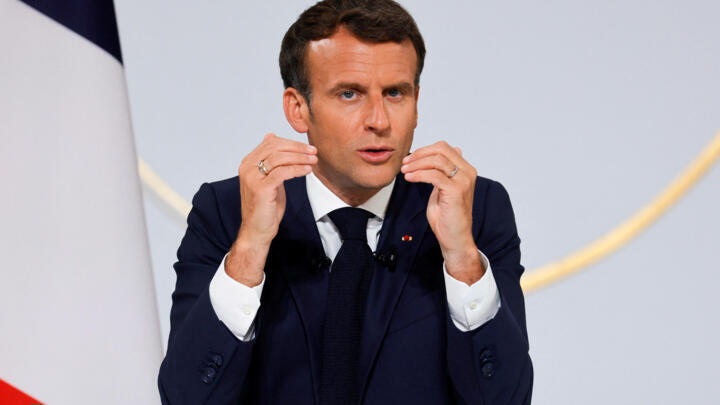 French President Emmanuel Macron gestures as he speaks during a press conference ahead of the G7 Summit, at the Elysee Presidential Palace in Paris, on June 10, 2021. 
