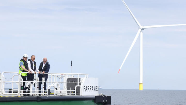 Polish Prime Minister Donald Tusk and Orlen CEO Ireneusz Fafara visit the construction site of offshore Baltic Power wind farms in the Baltic Sea, off the coast of the city of Leba, Poland, August 8,