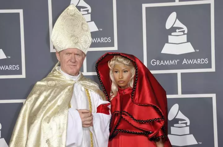 Singer Nicki Minaj's controversial performance at the Grammys in 2012 included a mock exorcism and a man costumed as the Pope © JOE KLAMAR / AFP/File