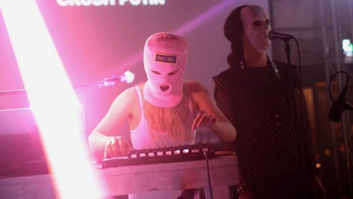 Diana Burkot (L) and Anton Ponomarev of the band Pussy Riot perform during the opening concert of the group's "Riot Days" tour, at Funkhaus Berlin Nalepastrasse in Berlin, Germany on May 12, 2022.
