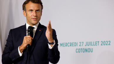 France's President Emmanuel Macron addresses the audience during his visit to the Seme City: an International City of Innovation and Knowledge, in Cotonou, Benin on July 27, 2022.