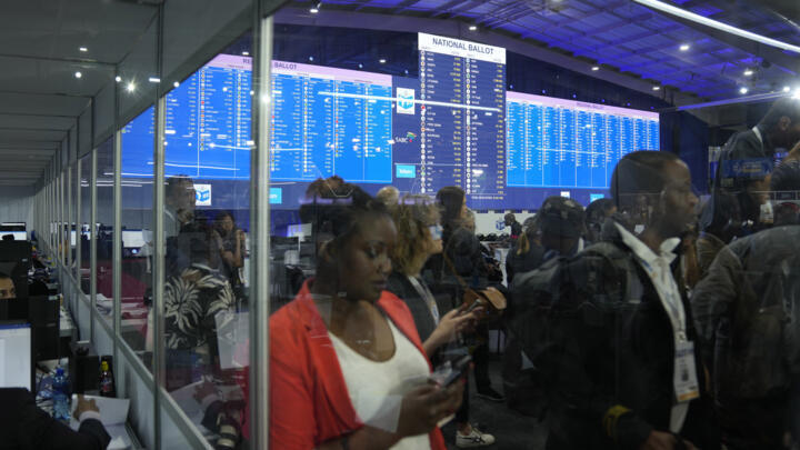 The results board at the Results Operation Centre (ROC) is seen in Midrand, Johannesburg, South Africa, Saturday, June 1, 2024.