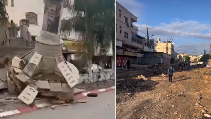 Left: An Israeli army bulldozer destroys a monument to Yasser Arafat in the Tulkarem camp on November 14. Right: A road was destroyed in the Jenin camp on November 17