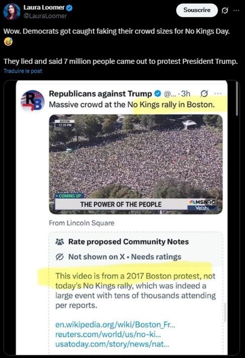 Pro-Trump social media influencer Laura Loomer claimed, based on this Community Note, that Democrats posted a fake video of protests in Boston. However, it turns out that the Community Note is erroneous.