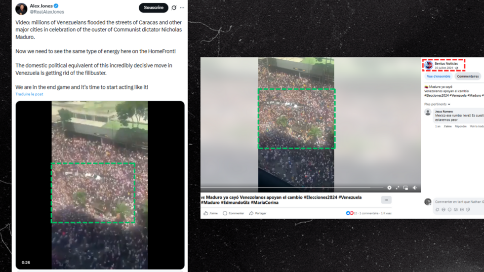 Στα αριστερά, η ανάρτηση του Alex Jones, που δημοσιεύτηκε στις 3 Ιανουαρίου, ισχυρίζεται ότι το βίντεο δείχνει μια πρόσφατη διαδήλωση στο Καράκας για τον εορτασμό της πτώσης του Maduro. Στα δεξιά, το ίδιο βίντεο, που κοινοποιήθηκε στις 29 Ιουλίου 2024, στη σελίδα Facebook ενός μεξικανικού ειδησεογραφικού πρακτορείου.