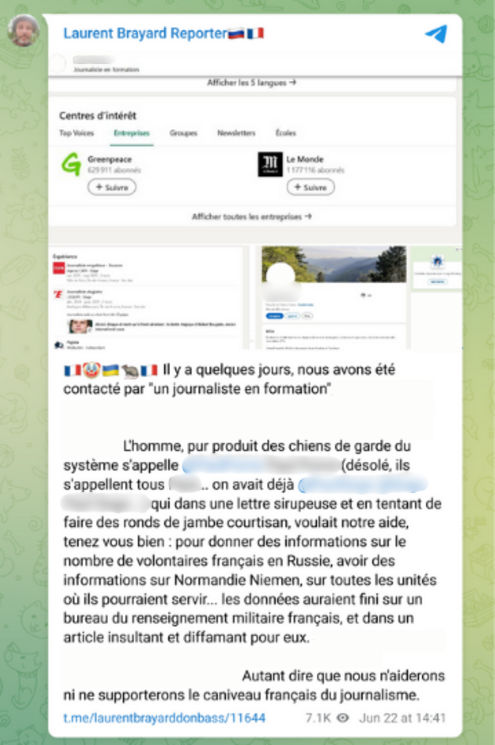 Instead of responding to our interview request, Brayard, a contributor to the pro-Russian channel International Reporters, shared a screengrab of the LinkedIn profile of our journalist via Telegram.