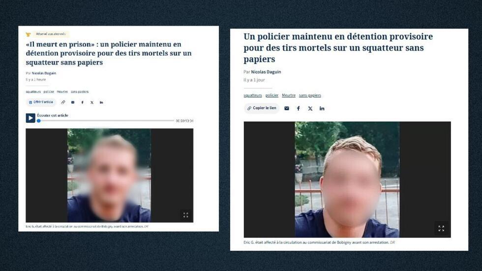 À gauche, le titre initial de l'article du Figaro sur Eric G. publié le 28 octobre 2025. À droite, le titre final. Floutage par la rédaction des Observateurs de France 24.