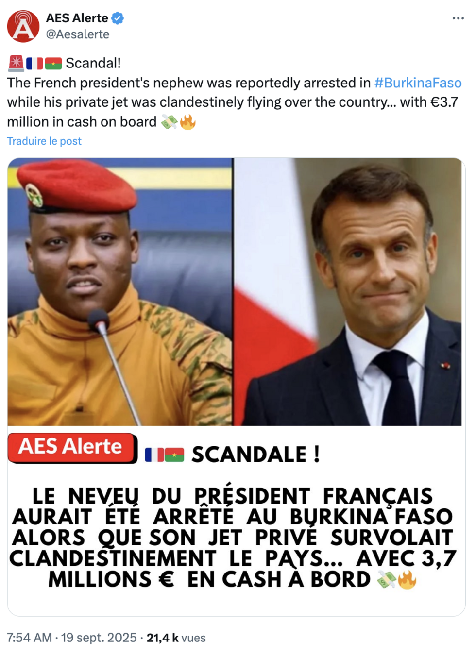 On September 19, 2025, internet users claimed, based on a YouTube video, that Macron's nephew had been arrested in Burkina Faso with a large sum of money. It turns out that the video has been generated by AI.
