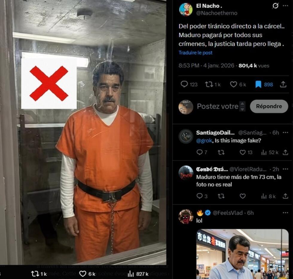 Deze afbeelding, die naar verluidt Maduro in de gevangenis laat zien, online geplaatst op 4 januari 2026, is feitelijk gegenereerd door Nano Banana Pro.