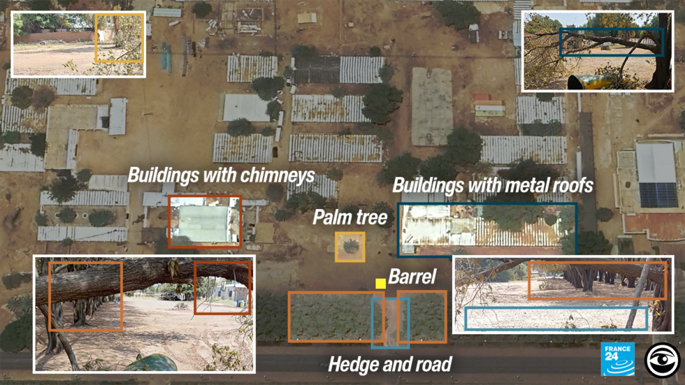 Videos showing the barrel under a tree contain elements that are visible on satellite images of the al-Jaili refinery.