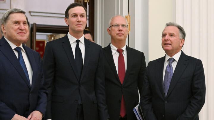 US special envoy Steve Witkoff, right, Russian presidential foreign policy adviser Yuri Ushakov, left, Russian Direct Investment Fund CEO Kirill Dmitriev, second right, and Jared Kushner, US Presiden