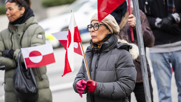 People take part in a demonstration in front of the US Embassy in Copenhagen, Denmark, on April 6, 2025.
