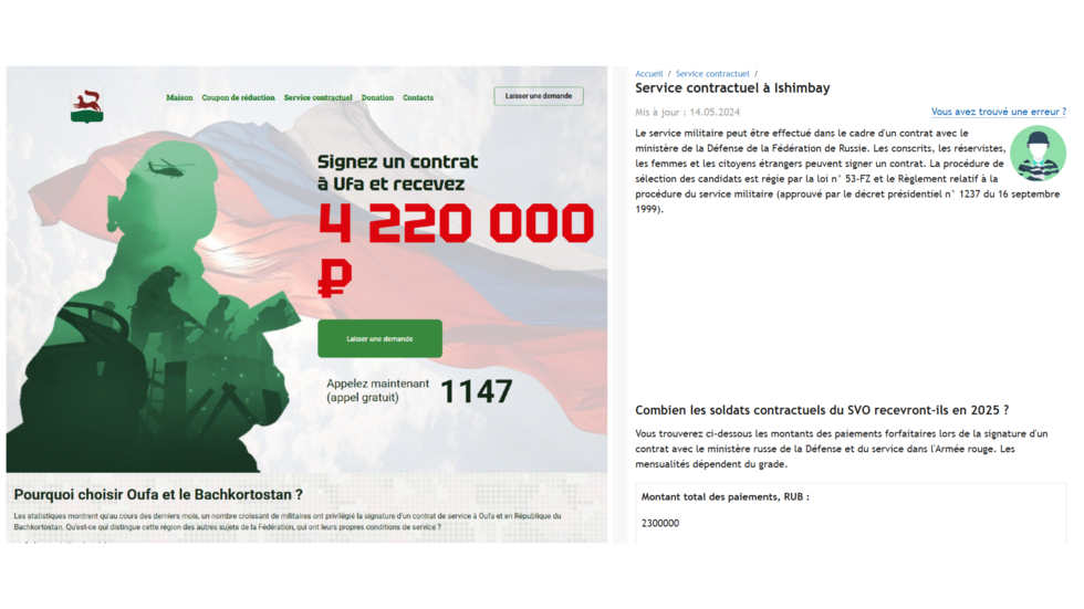 À gauche, un site faisant la promotion de contrat militaire à Oufa. À droite, un site publie des informations pour s’engager dans l’armée à Ichimbaï. Les sites ont été traduits automatiquement par Google.