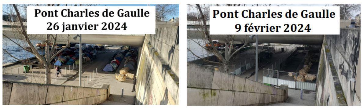 Changement de paysage sous le pont Charles-de-Gaulle en deux semaines à Paris, avant et après l'opération de mise à l'abri et d'évacuation du 6 février 2024.